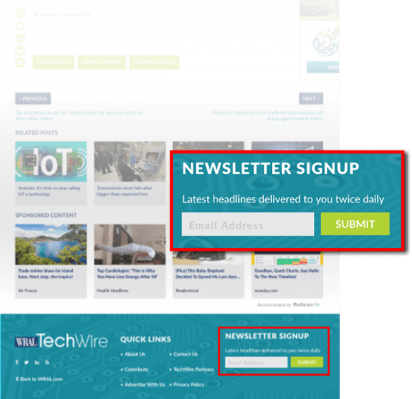 newsletter signup widget in footer