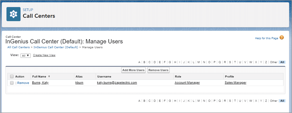 User added to the Salesforce call center screenshot