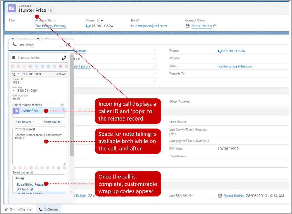 Screen pop, call notes and call results in Salesforce.