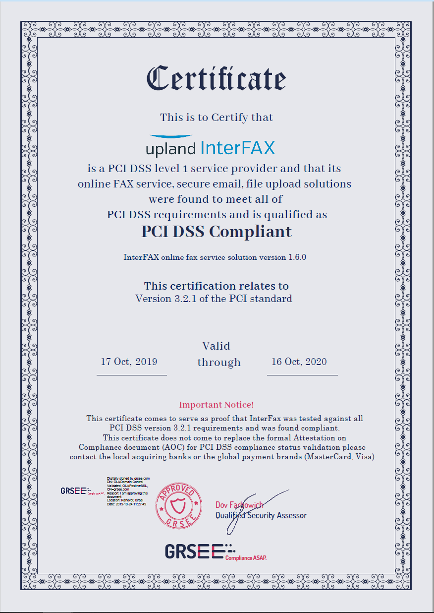 PCI-DSS Compliance Certificate