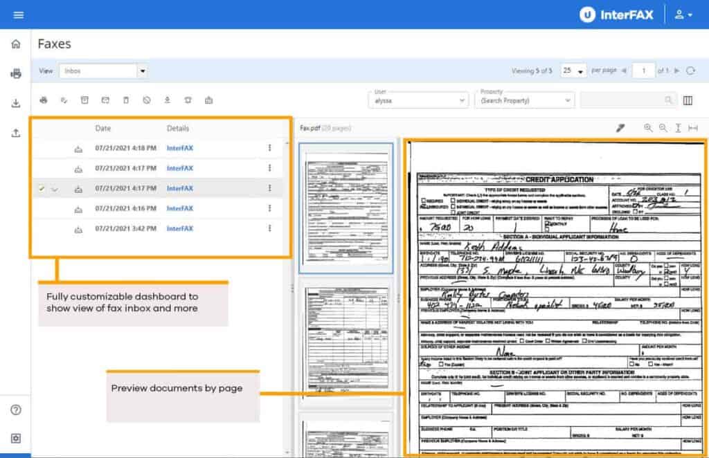 Screenshot of the InterFAX user interface showcasing the fax management dashboard with a focus on a customizable inbox and document preview feature.
