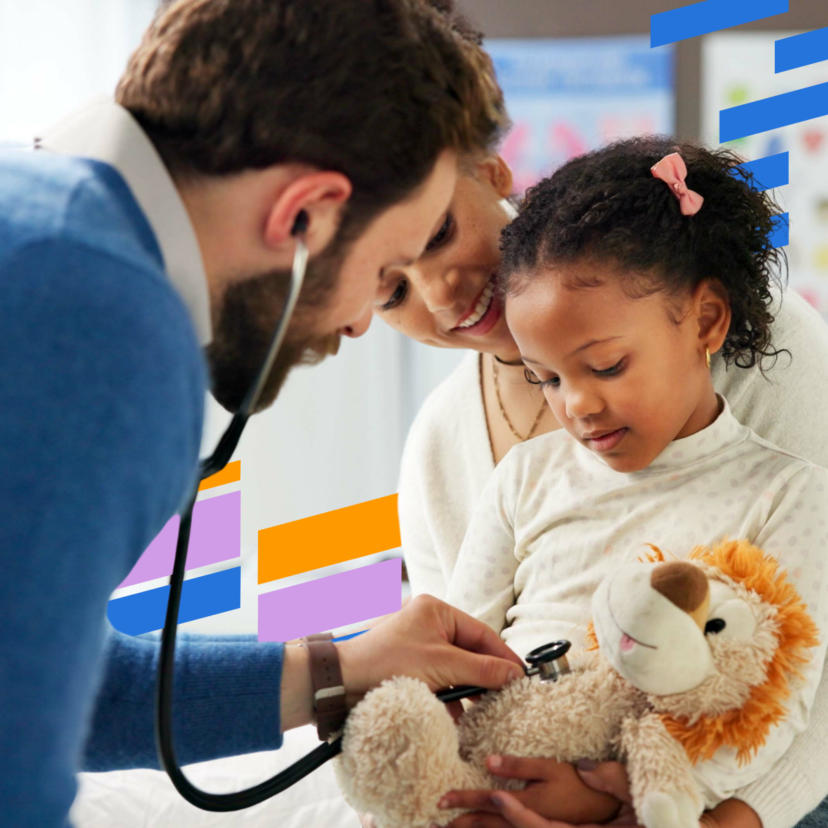 doctor, girl, mom, and stuffed animal in healthcare office