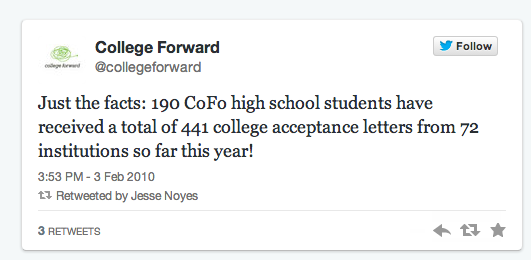@noyesjesse #FirstTweet on Twitter: "Just the facts: 190 CoFo high school student have received a total of 441 college acceptance letters from 72 institutions so far this year!"
