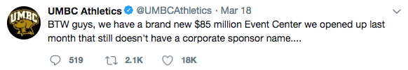 Tweet: UMBC searches for building sponsors