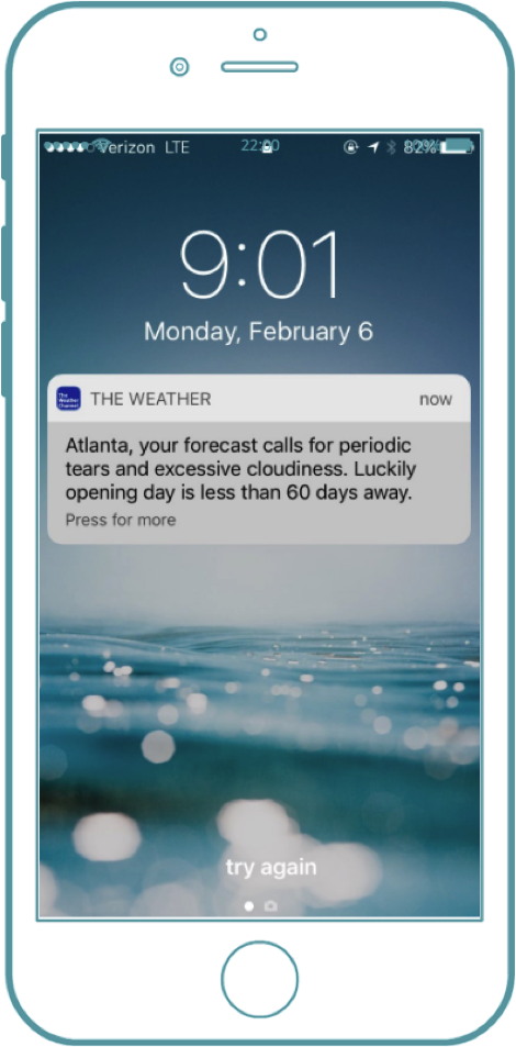 Weather Channel Super Bowl Push Notification for day after Falcons' loss.