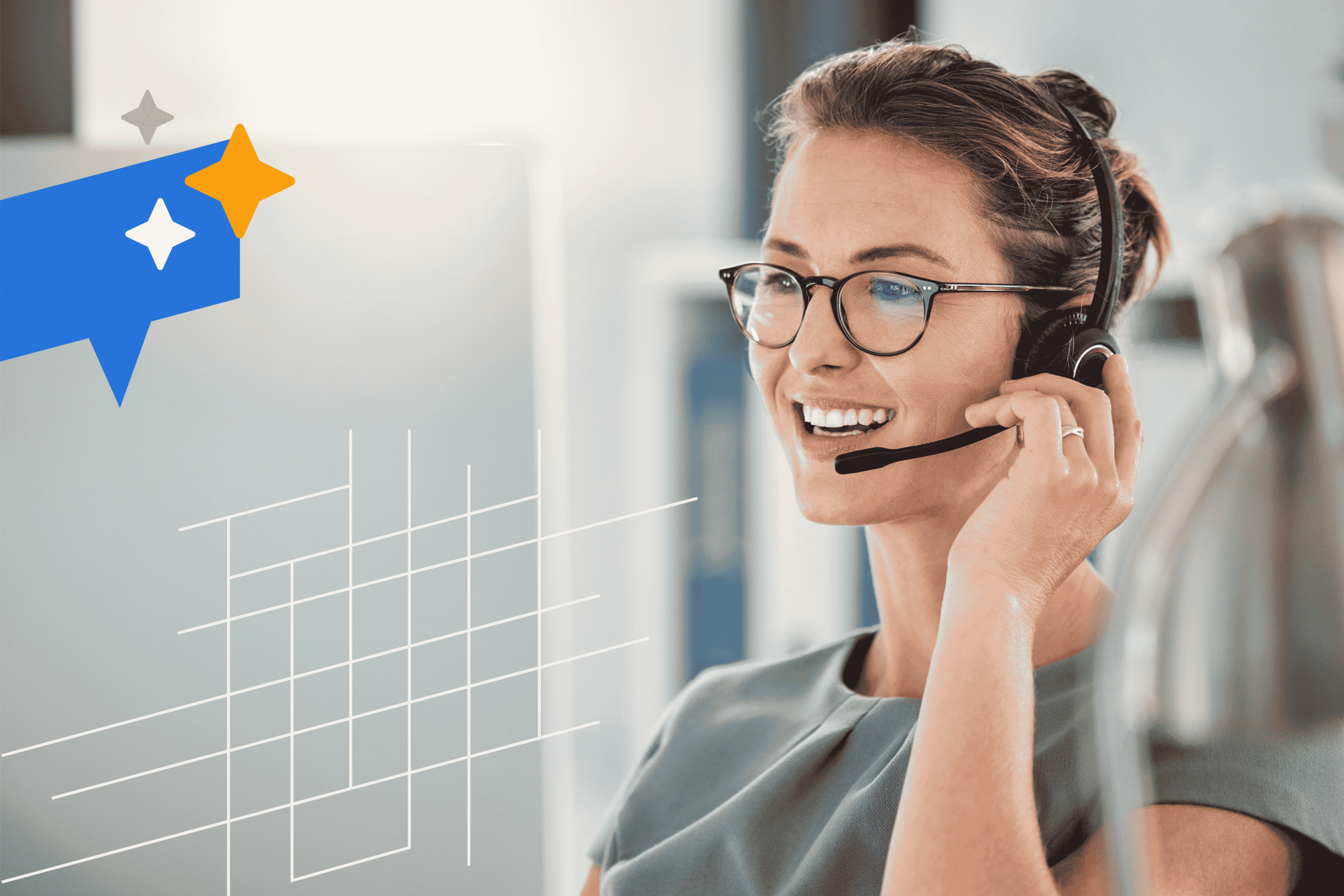 A call center worker managing a client call