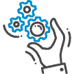 Icon of a hand moving gears, representing customer self service in knowledge-centered support