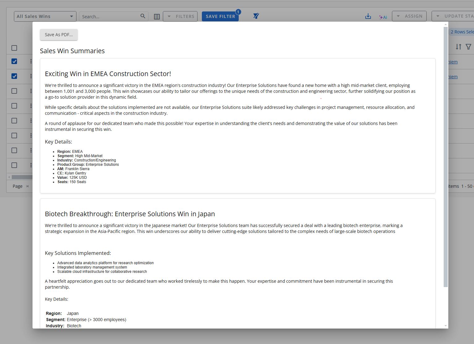 multi-sales win summary tool in Upland RO Innovation