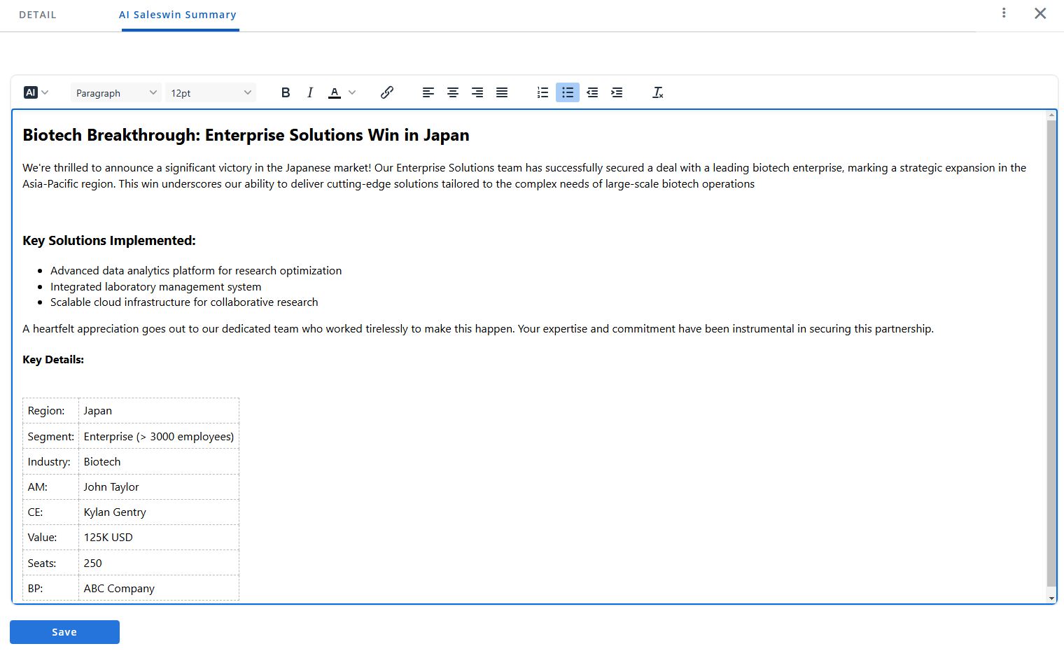 AI-generated sales win summary is provided in Upland RO Innovation