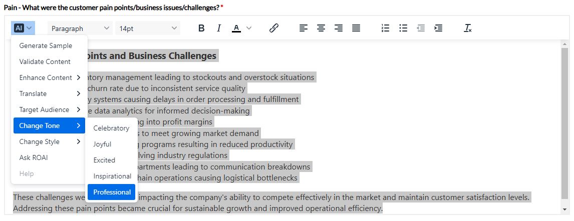 Adjust tone of AI-generated content in RO Innovation sales win feature
