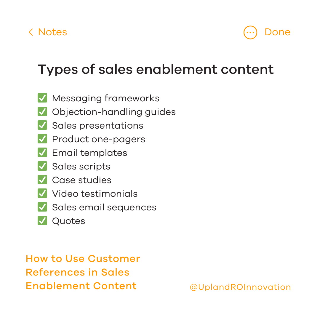 types of sales enablement content in a checklist form