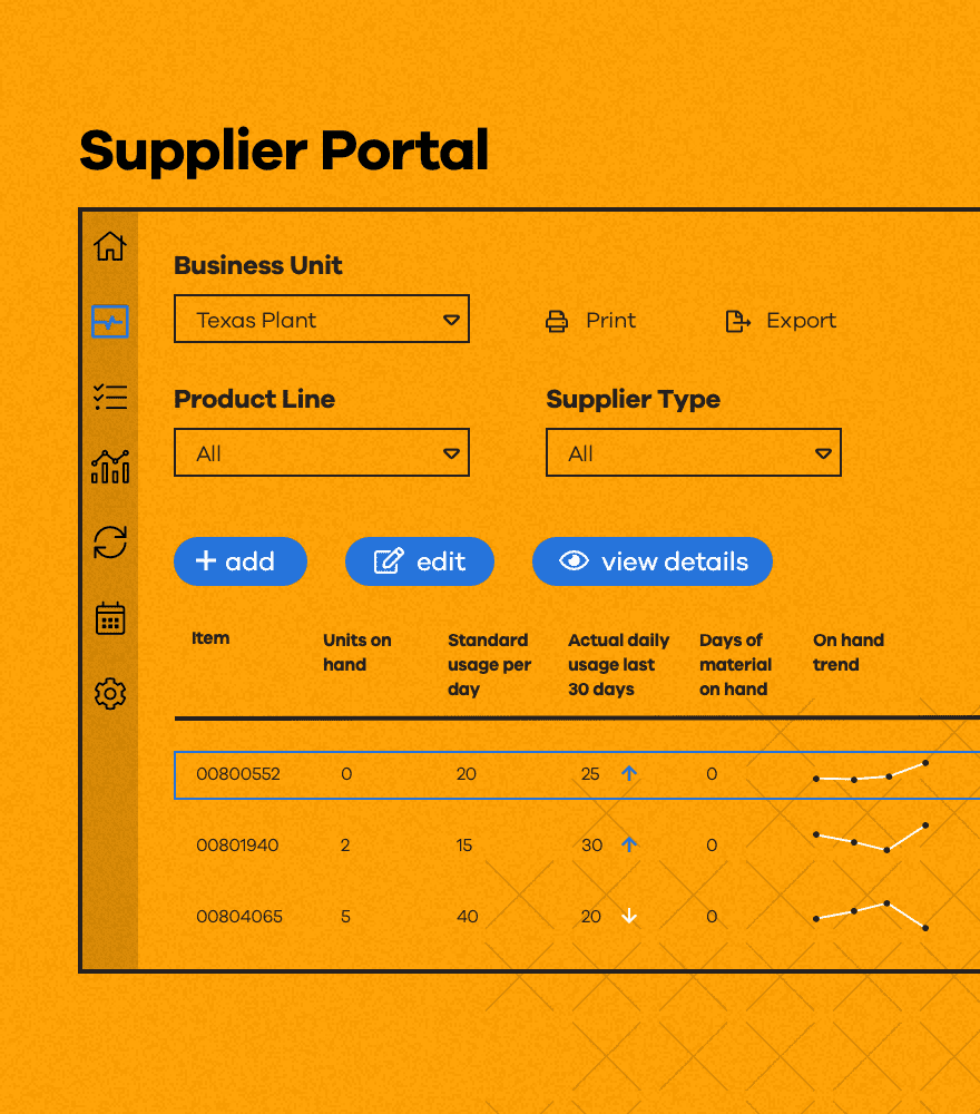 Upland Ultriva’s Collaborative Supply Portal buyer material status dashboard presents buyer and suppliers with up-to-the-minute information on the number of items available, daily material consumption trends, items are at risk of stock-out, past due orders, next scheduled delivery, and much more.