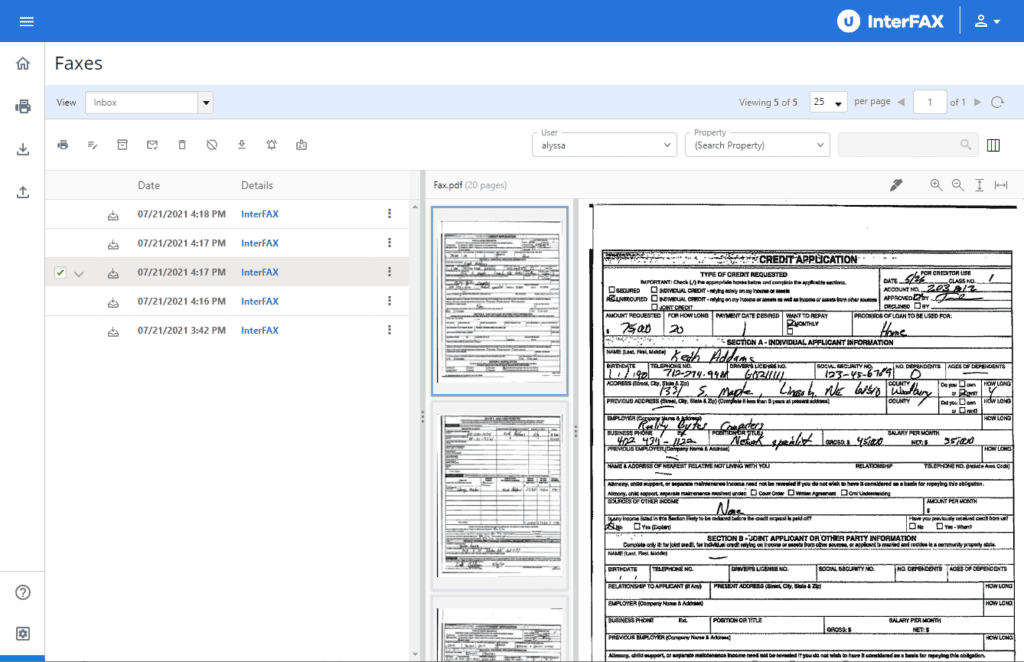 Online faxing example dashboard